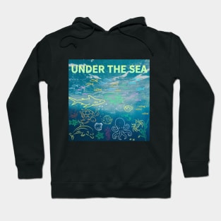 under the sea,blue sea,sea creatures,Turtle, puffer fish, starfish, shrimp, shark, tropical fish, sea horse, seaweed, sardines, squid, crabs, clams Hoodie